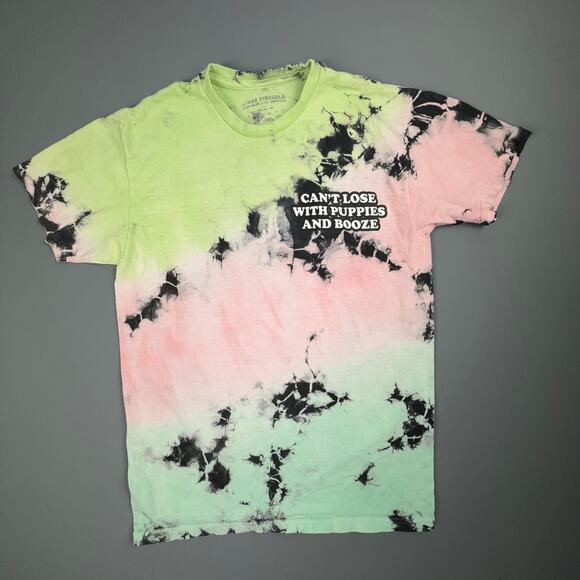 Linda Finegold Tie Dye Tee M Puppies & Booze Graphic Skeleton Dog Shirt - Picture 1 of 5